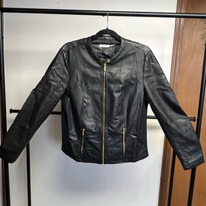 Calvin Klein Black Leather Moto Jacket with Gold Accents
